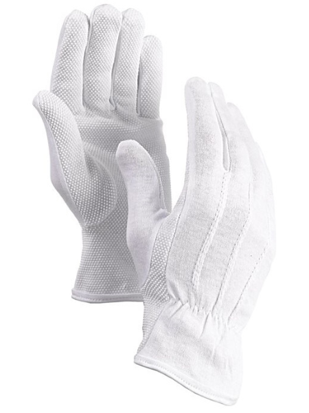 Interlock White Bleached Gloves with mini PVC dots on palm Forchette Style Three Seam on Back <br> Style # HM-2554